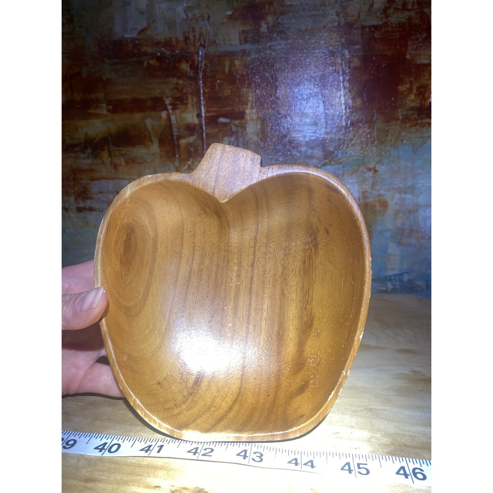 Vintage Hand Carved Wooden Apple Shaped Bowl Made in Philippines Mid Century MCM
